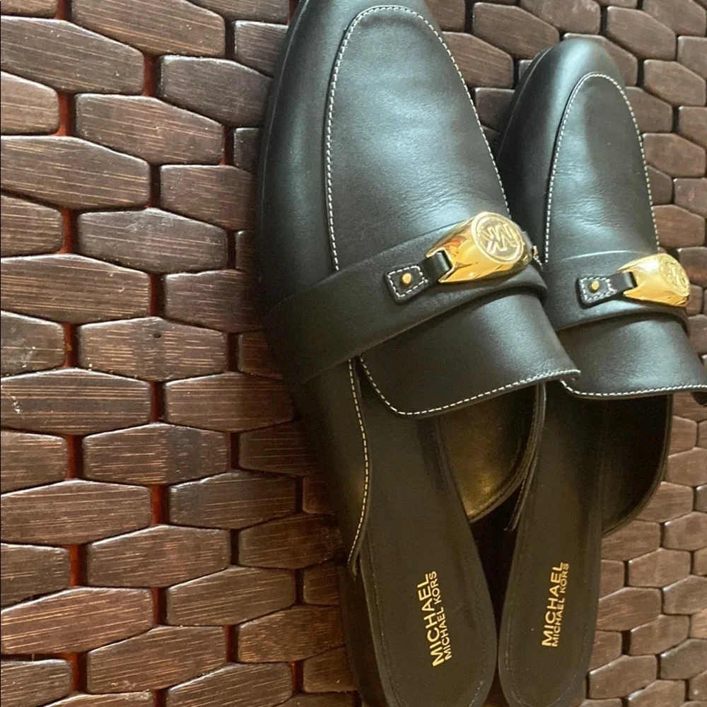 Michael Kors Black Leather Slip-On Shoes with Gold Detail
